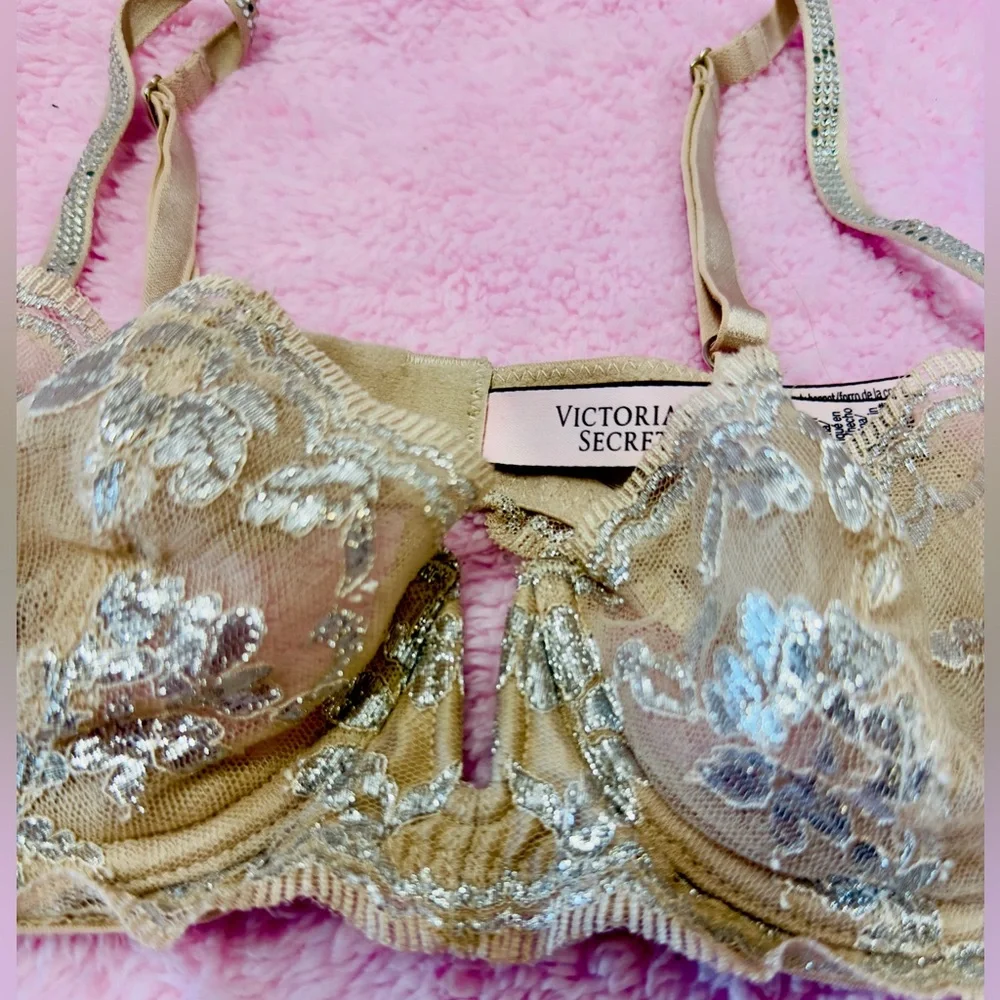 Victoria's‎ Secret Dream Angels Push-Up Without Padding Gold Bra Silver Lace 32B